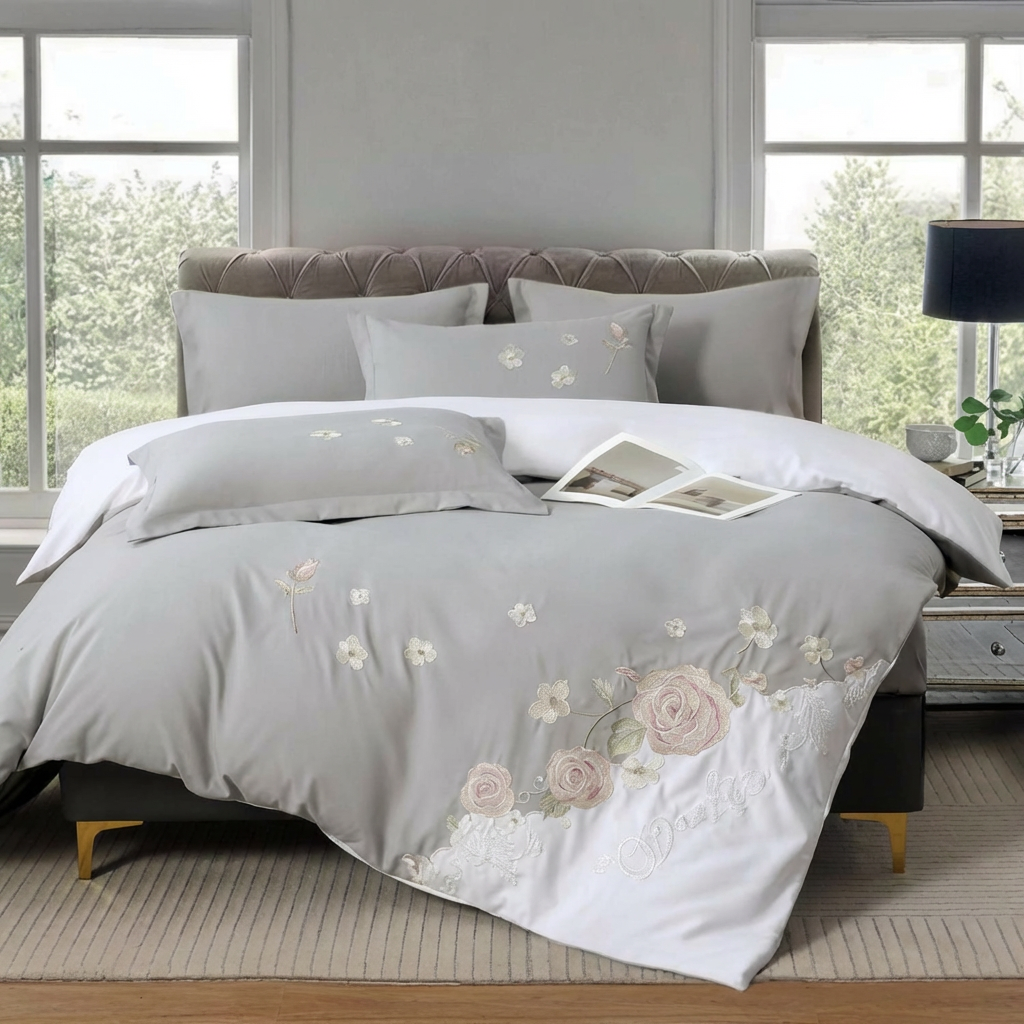 Grey and white king size bedding set with rose embroidery