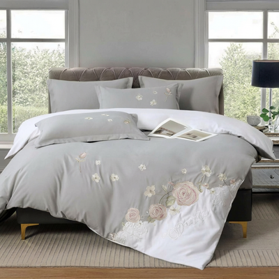 Grey and white king size bedding set with rose embroidery
