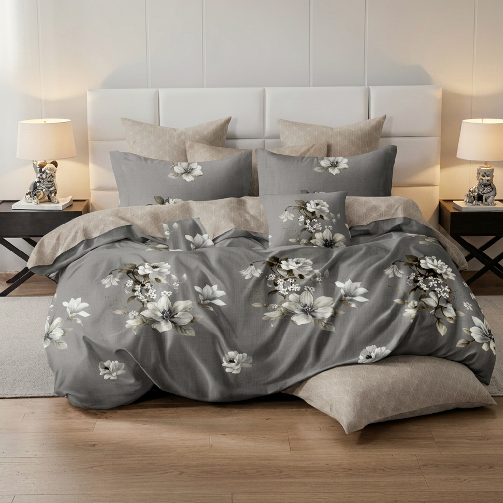 Grey floral king bedding set with elegant design
