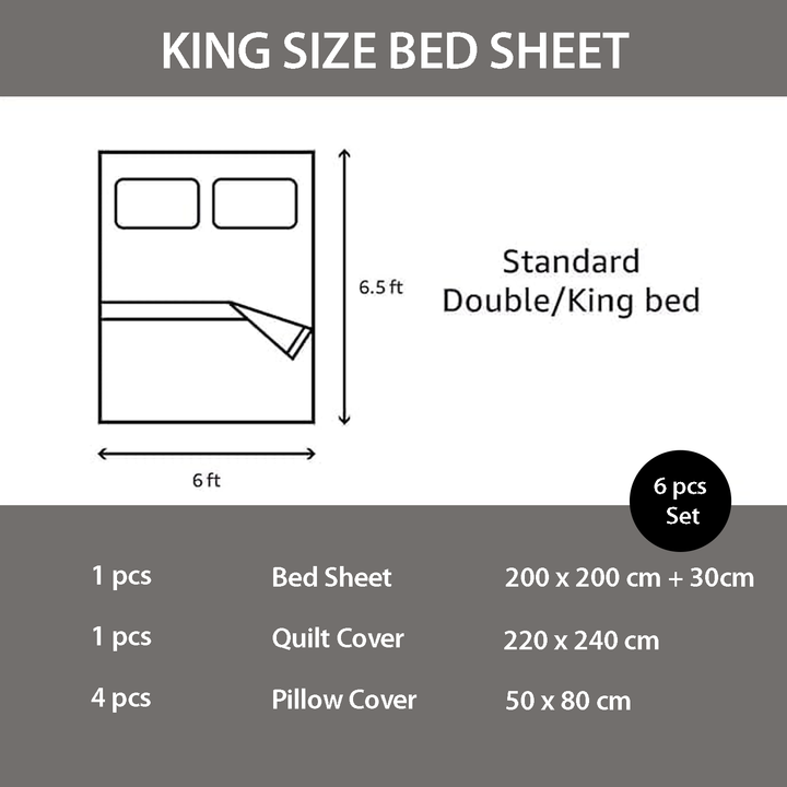 King size bed sheet set dimensions and components diagram on a beige background mooncee uae