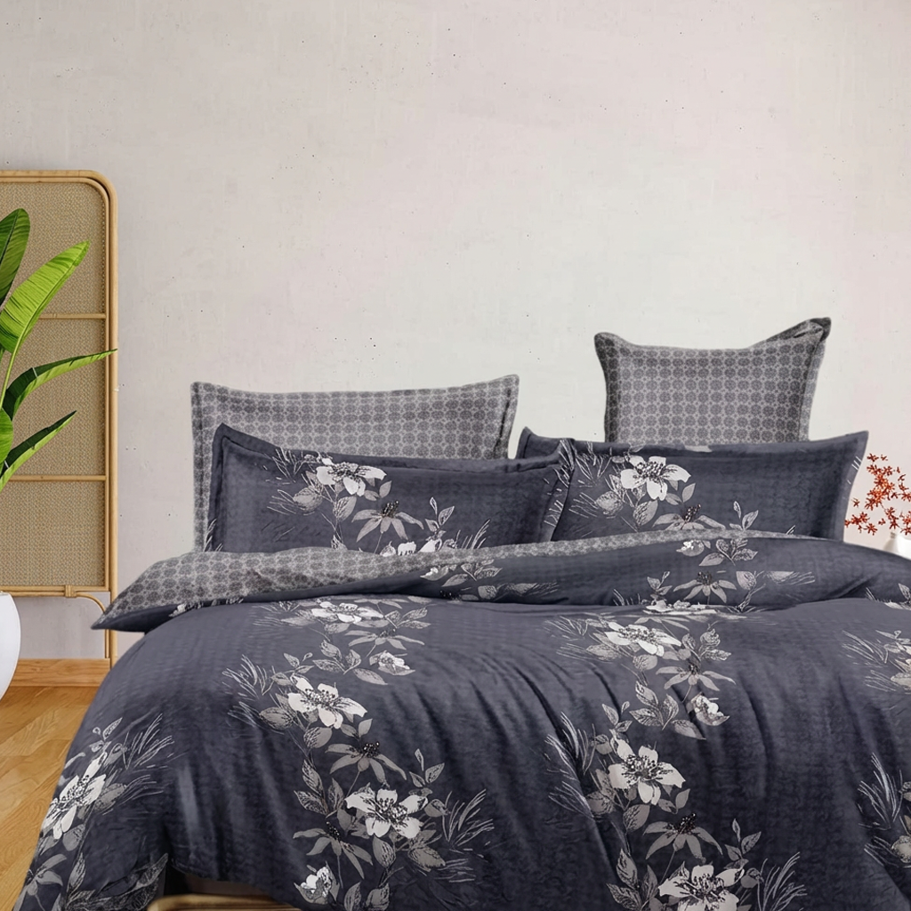Grey singgle size bedding set with modern leaf print