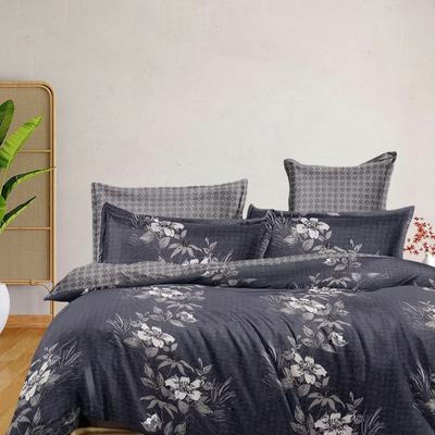 Grey singgle size bedding set with modern leaf print