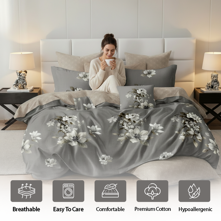 Stylish bedroom with grey floral bedding