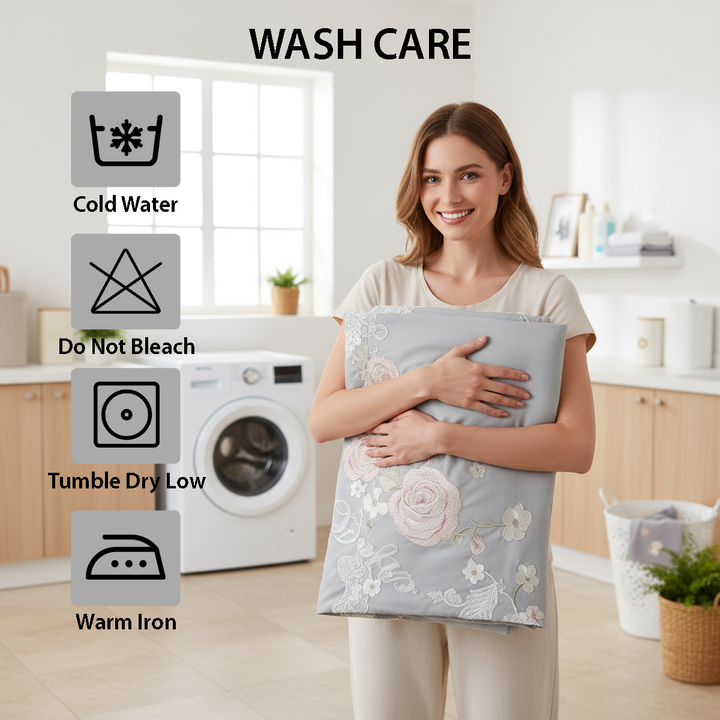 Soft grey king bedding set with embroidered floral design