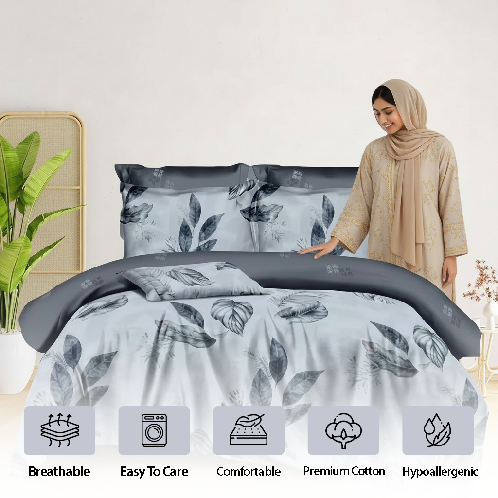Luxury grey single duvet cover with botanical leaves
