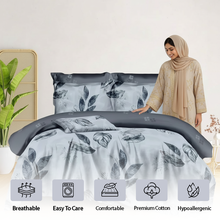 Luxury grey single duvet cover with botanical leaves