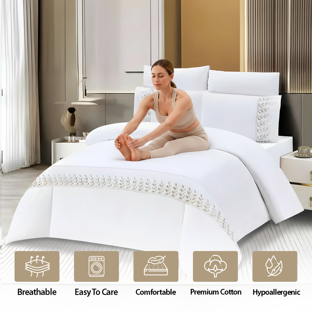 Premium White Sheets – Complete 6 PCs Set with Sheet, Duvet & Pillowcases (White Beige)