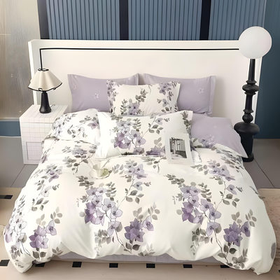 Cream floral bedding set with lavender accents including bedsheet, duvet cover, fitted sheet, and pillowcases