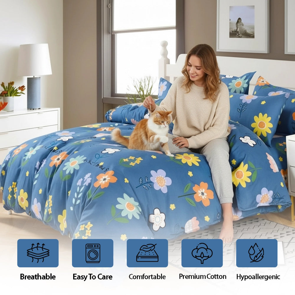 Colorful flower print bedding featuring bed sheet, quilt cover, and pillow cover