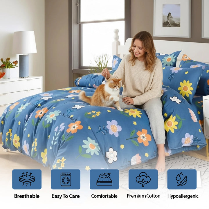 Colorful flower print bedding featuring bed sheet, quilt cover, and pillow cover