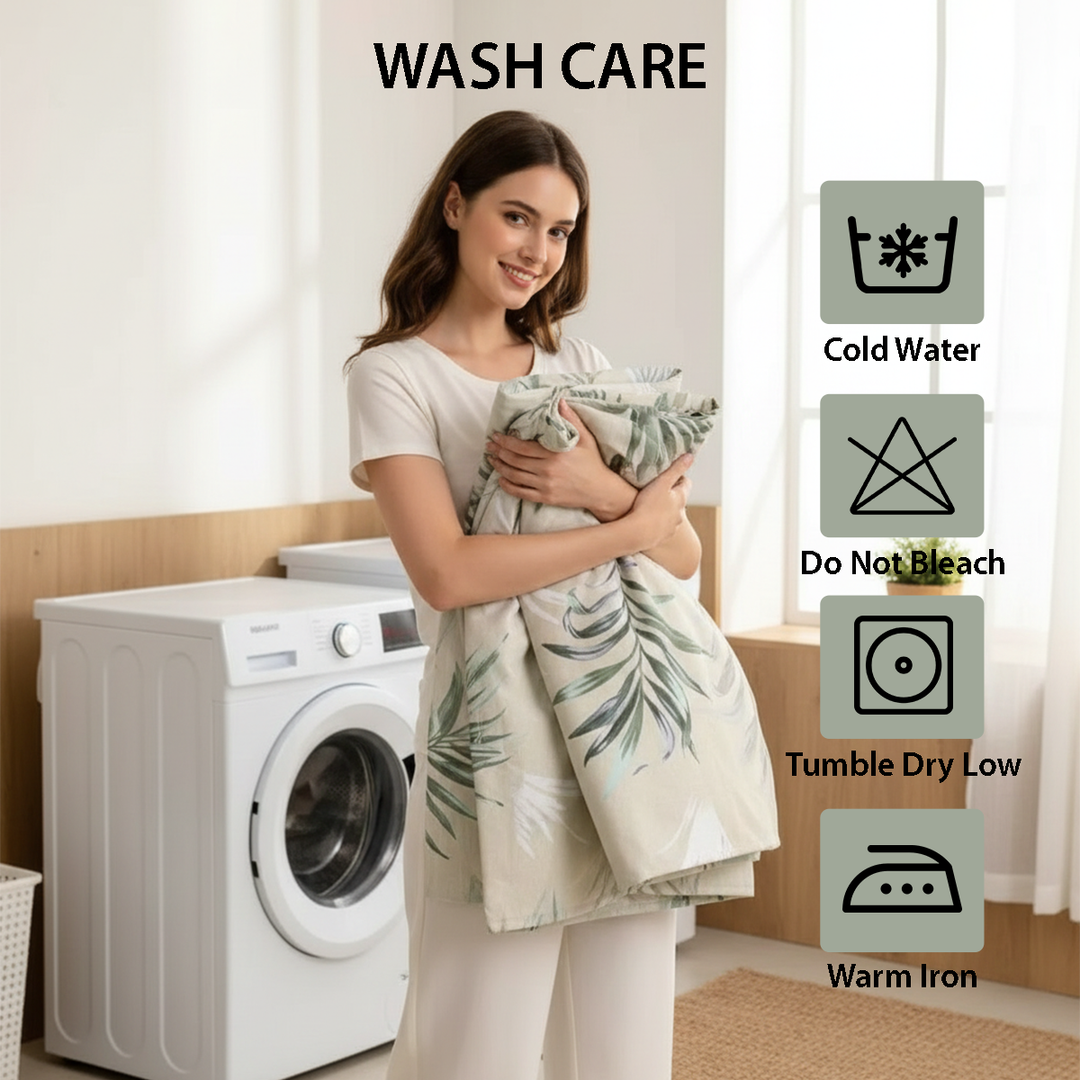 Leaf patterned quilt cover styled with coordinated bed sheet