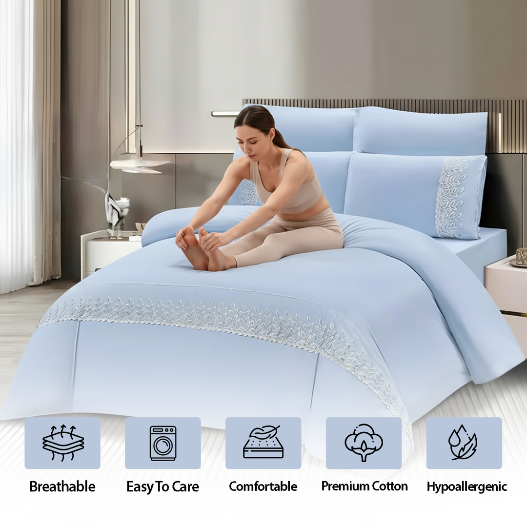 Luxury Pattern Border King Size Bed Sheets 6 PCs Set - Soft & Comfortable Set (Light Blue)