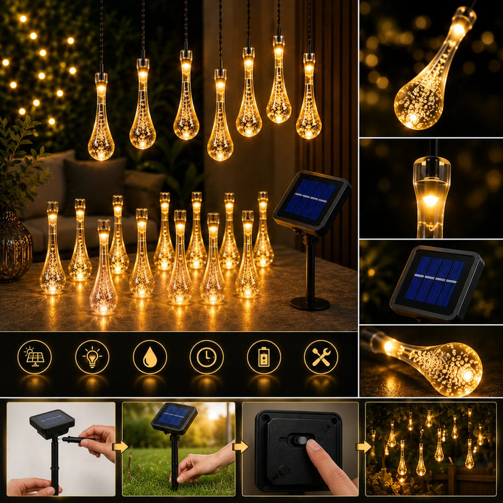 30 LED Solar Waterdrop LED String Lights with Warm White Glow for Outdoor Garden Décor