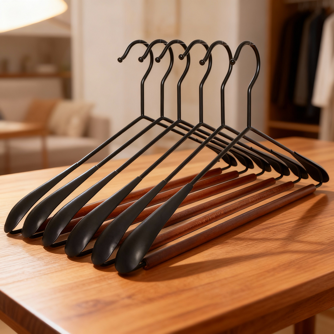 Premium Metal & Wood Wide Shoulder Hangers Set – Seamless Non-Slip Design for Suits