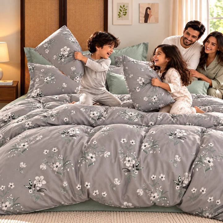 6 PCs King Size Grey Flora Bedding Set with Tiny White Duvet Cover 220x240 cm for Elegant Bedroom (6FS227)