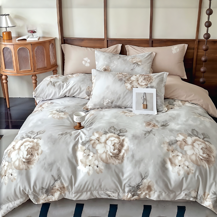 King Size Floral Bedding Set 6 PCs with Duvet Cover & Deep Pocket Fitted Sheet (6FS108)