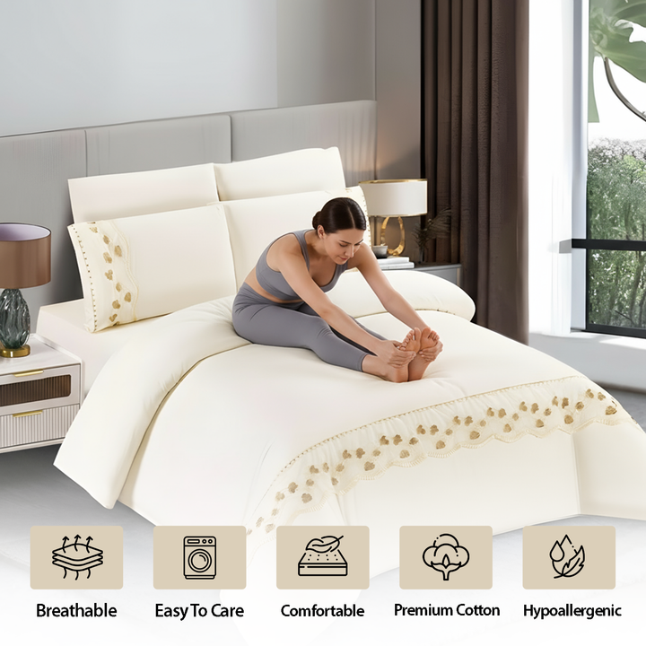 Modern Pattern Border 6 PCs Bed Sheet Set - Soft Fitted Sheet, Duvet & Pillowcases (Beige)