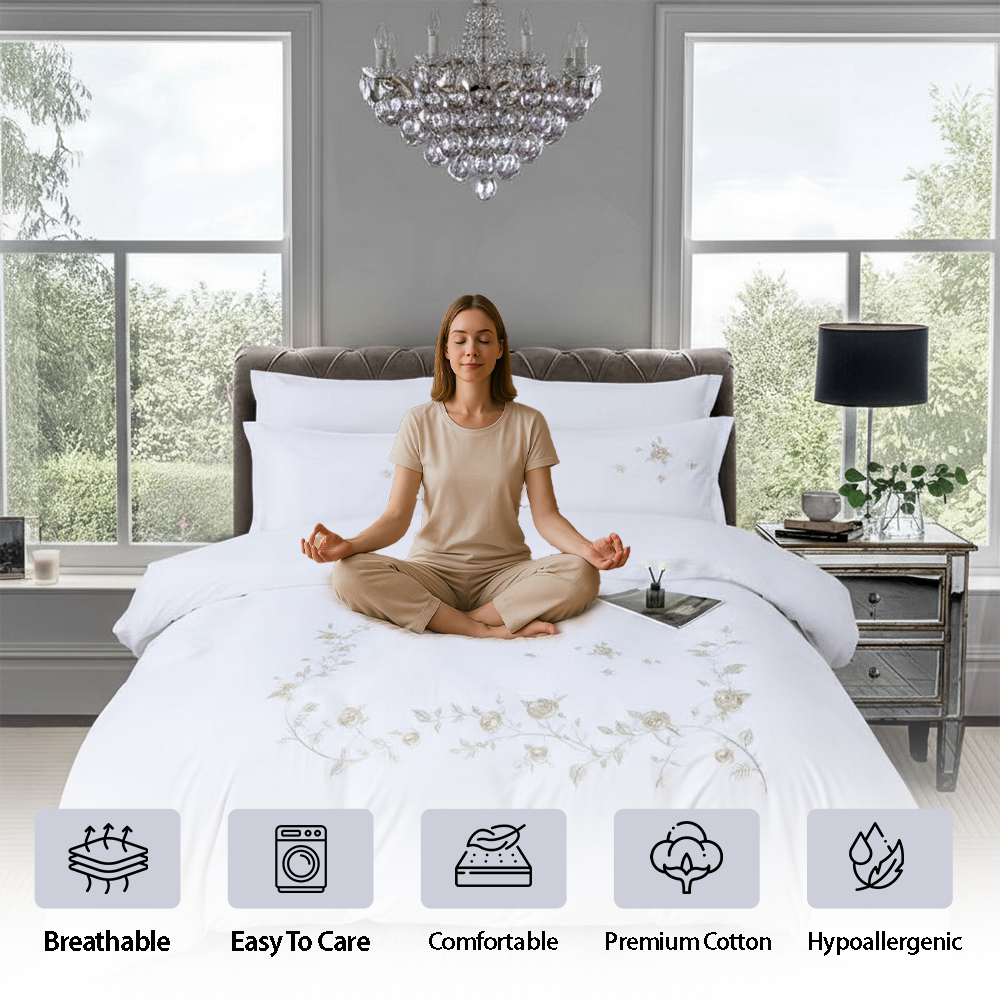 Elegant White Floral Embroidered Bedding Set 6 PCs - Duvet Cover & Pillowcases (6ES66)