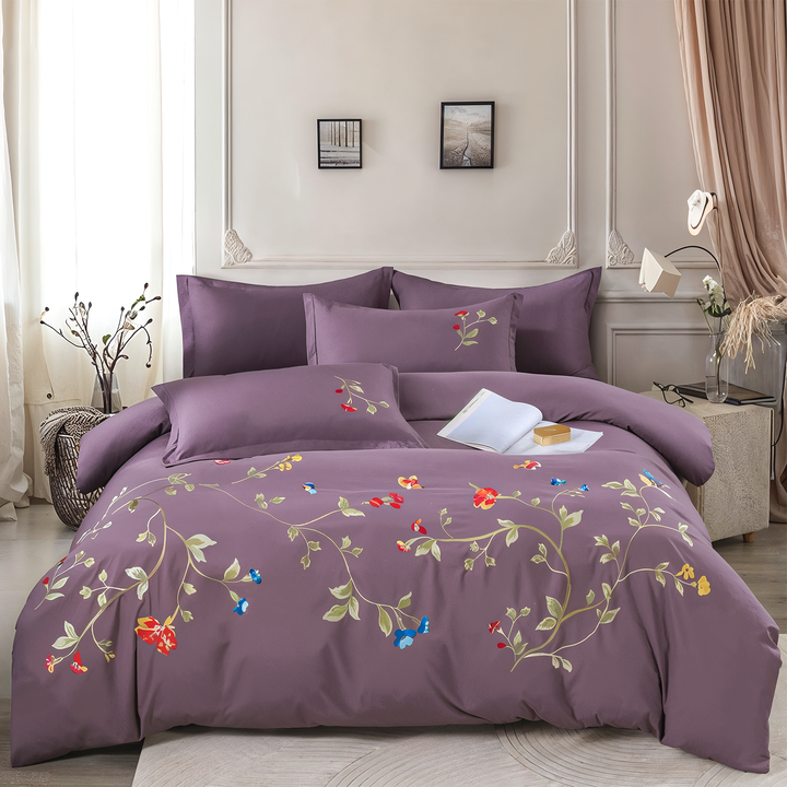 Embroidered Bedding Set with Duvet Cover, 200x200 Fitted Sheet & 4 Pillowcases (6ES43)