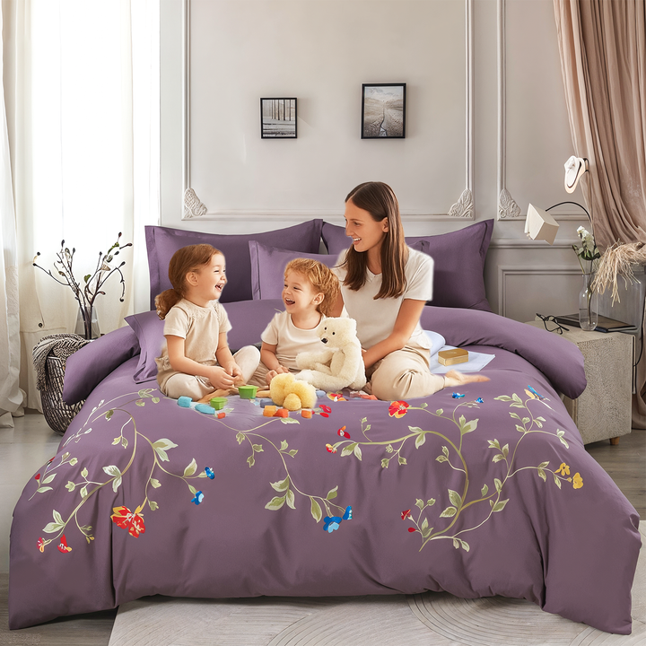 Embroidered Bedding Set with Duvet Cover, 200x200 Fitted Sheet & 4 Pillowcases (6ES43)