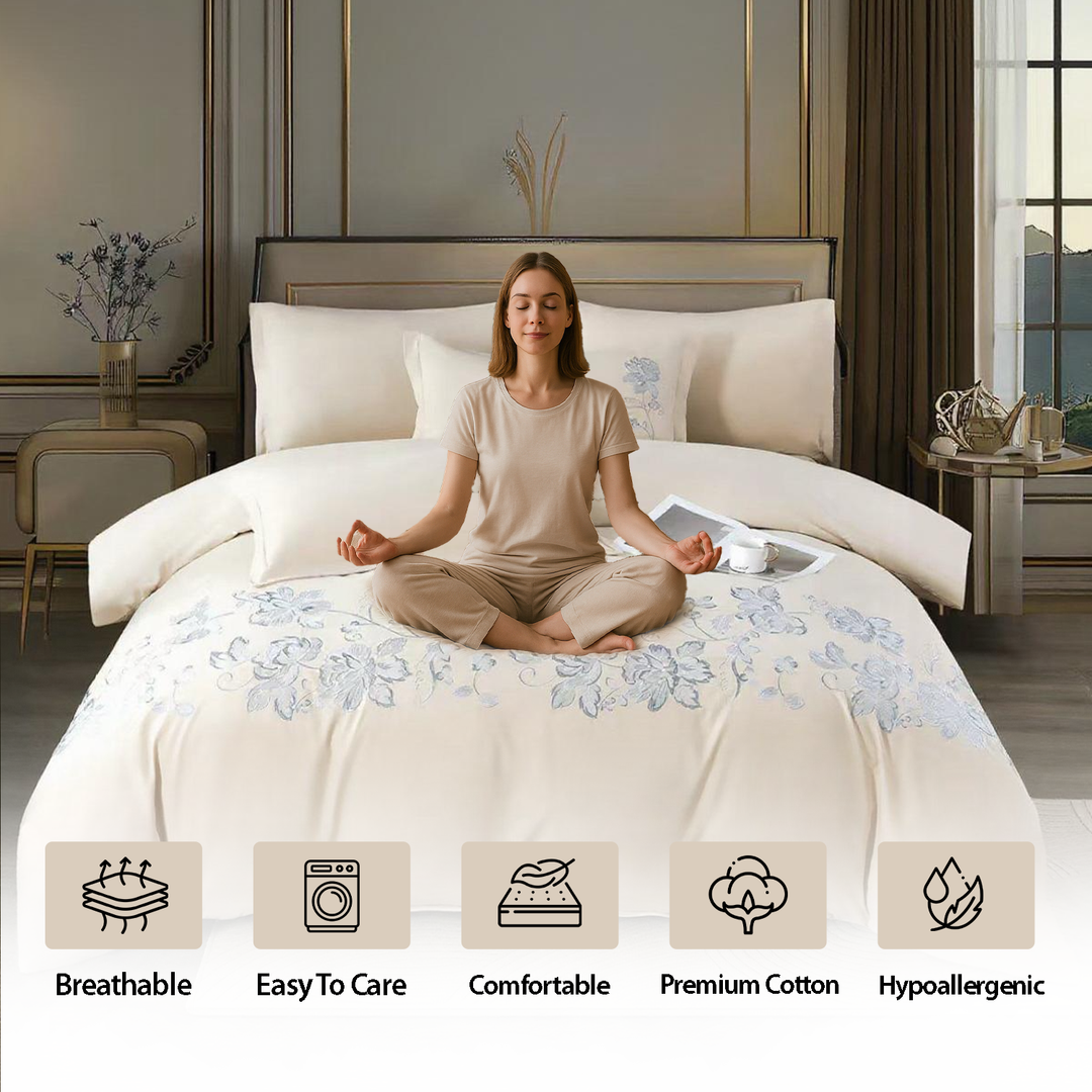 King Bedding Set 6 PCs with Blue Floral Embroidery with , Fitted Sheet & Pillow Covers(6ES74)