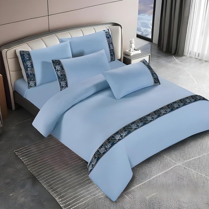 Pattern Border King Bed Sheets 6 PCs Set  – Cotton Fitted Sheet, Duvet & Pillowcases (6TQ17)
