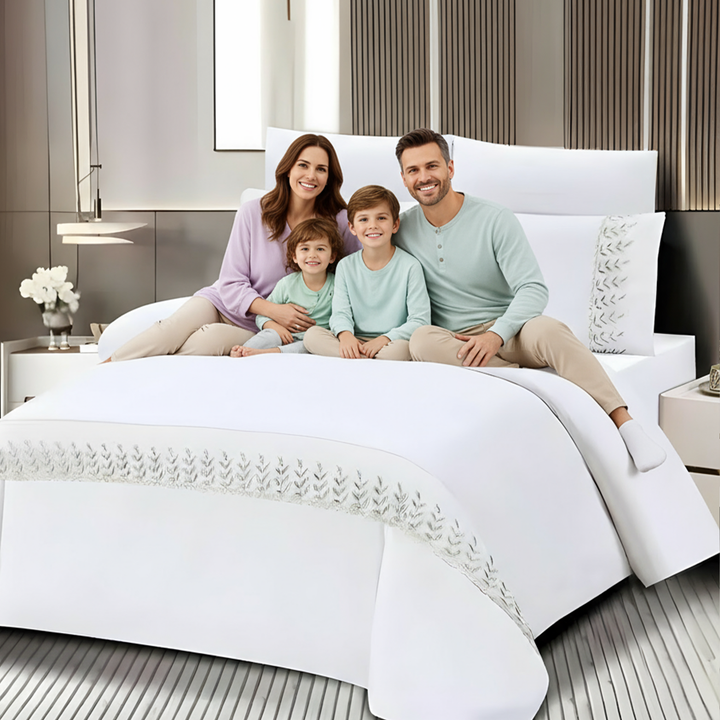 King Size White Bedding Set 6 PCs  for Newlyweds - Duvet Sheet & Pillowcases (White Silver)