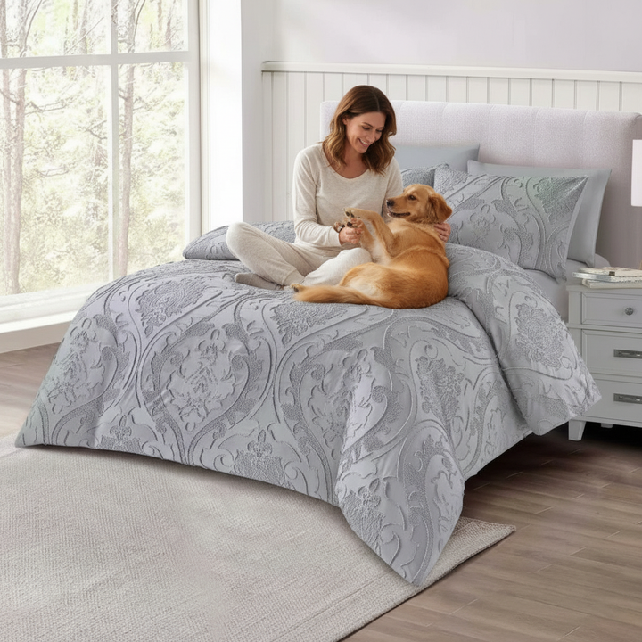 Classic grey king bed cover with embossed pattern