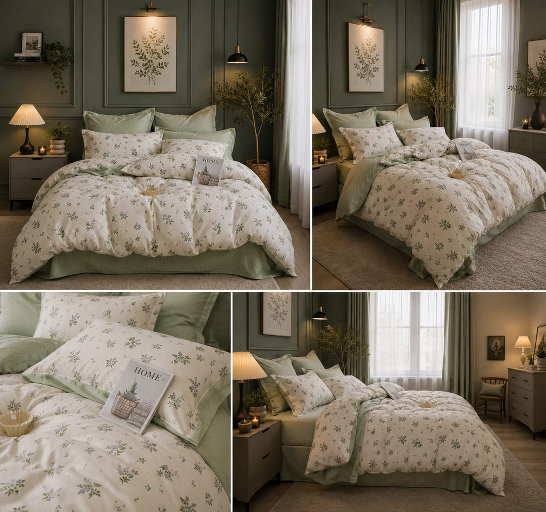 A four-panel collage showing a floral bedsheet set styled on a bed in a bedroom. The bedding has an off-white base with a delicate green and beige botanical pattern, paired with sage green pillows and a matching green bed skirt.