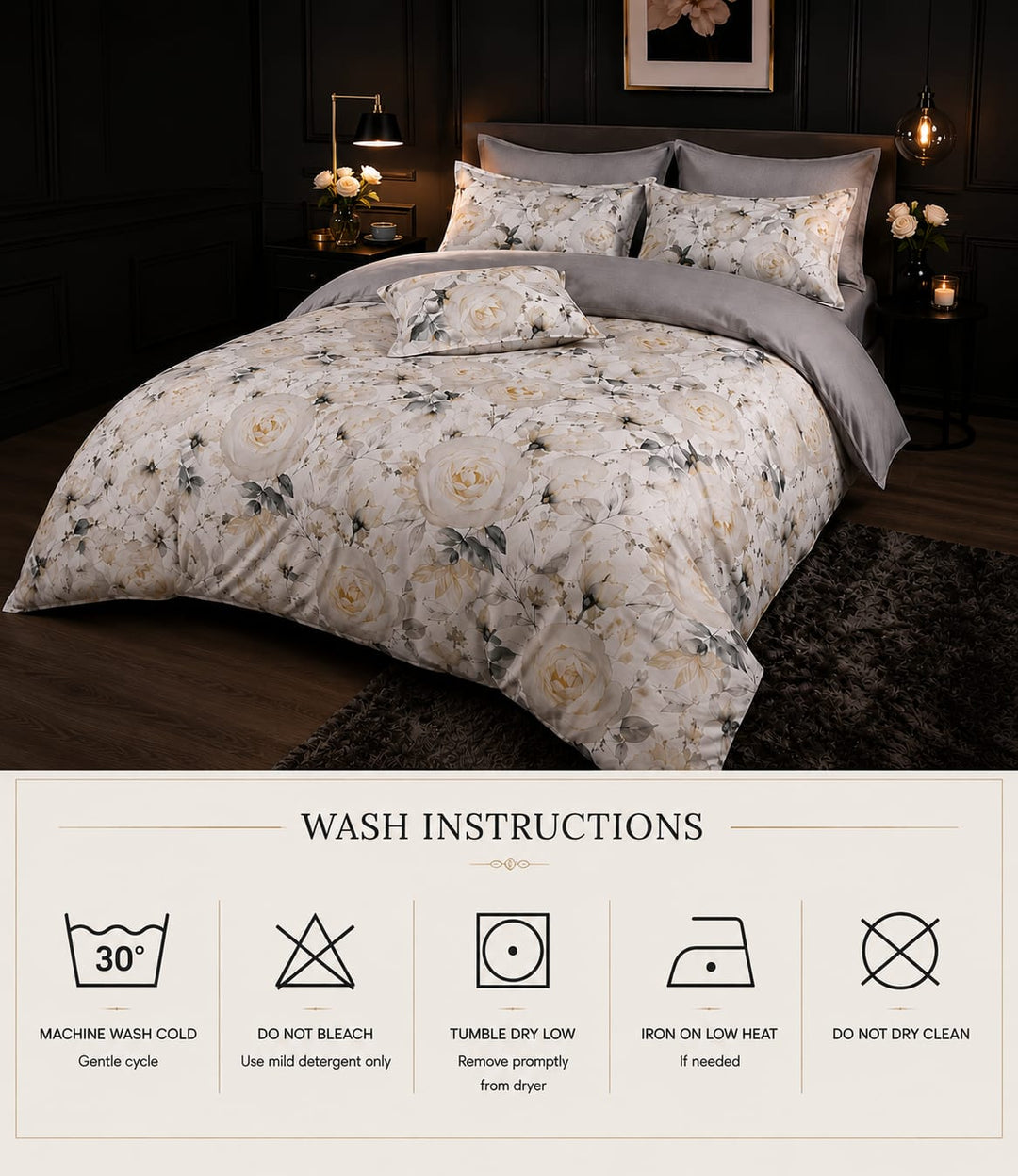 A floral bedding set displayed on a bed in a dark bedroom setting, with matching pillow shams and a duvet cover featuring a cream, beige, and gray rose pattern. A banner at the bottom shows wash instructions with icons and text.