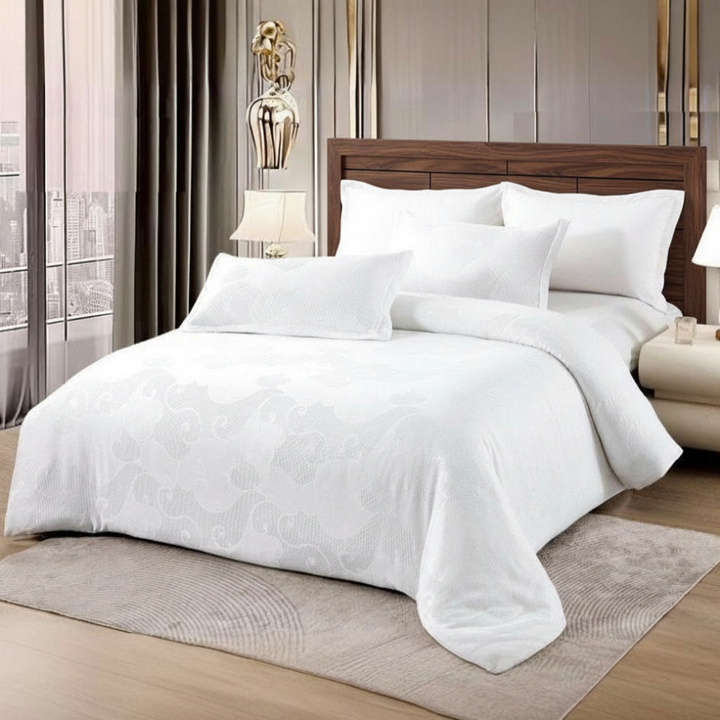 King Size White Bed Sheets with Duvet Cover 220x240 6 PCs King Bedding Set (6FM7)