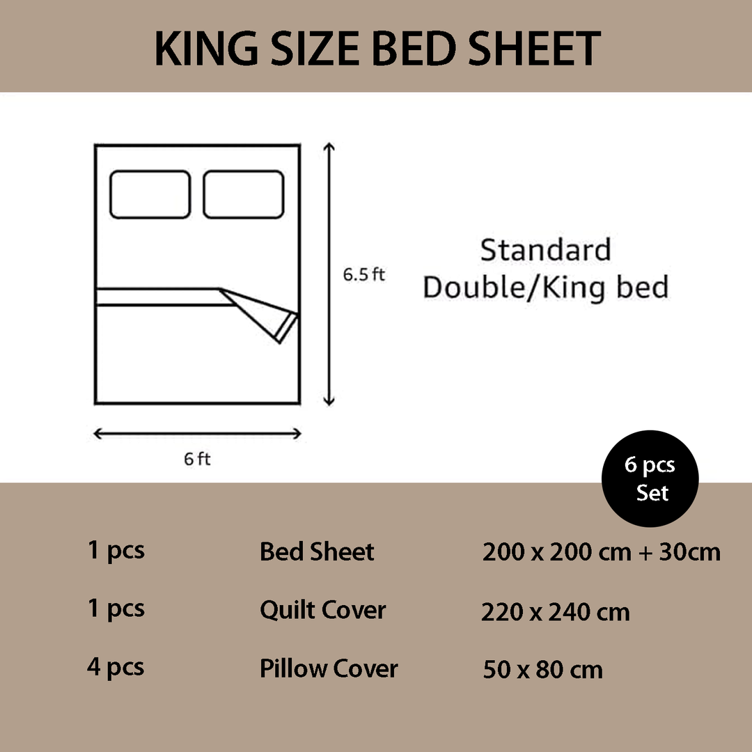 King size bed sheet set dimensions and components diagram on a gray background