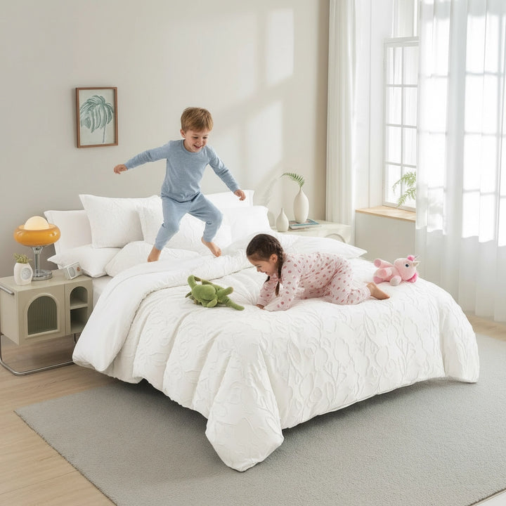 طقم ملاءات سرير أبيض مكون من 6 قطع مع ملاءة سرير وغطاء لحاف مقاس 220 × 240 (6FM4)