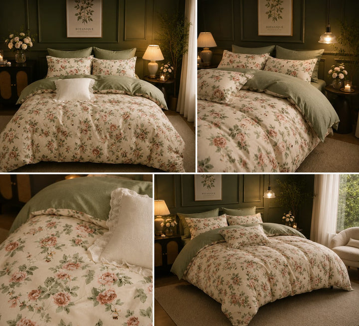 A four-panel collage showing a floral bedding set styled in a dark green wood-paneled bedroom. The set includes a cream-colored duvet cover and matching pillow shams with a pink and green rose pattern, accented by sage green pillows and a white accent pillow.