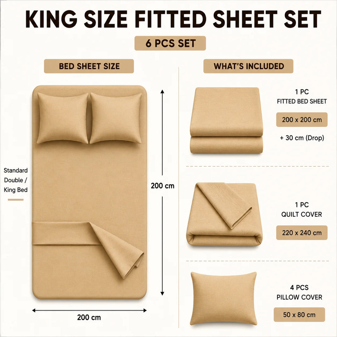 King size fitted sheet set infographic showing a bed with tan sheets and two pillowcases on the left, plus folded components on the right labeled as 1 fitted bed sheet, 1 quilt cover, and 4 pillow covers, with dimensions marked in centimeters.