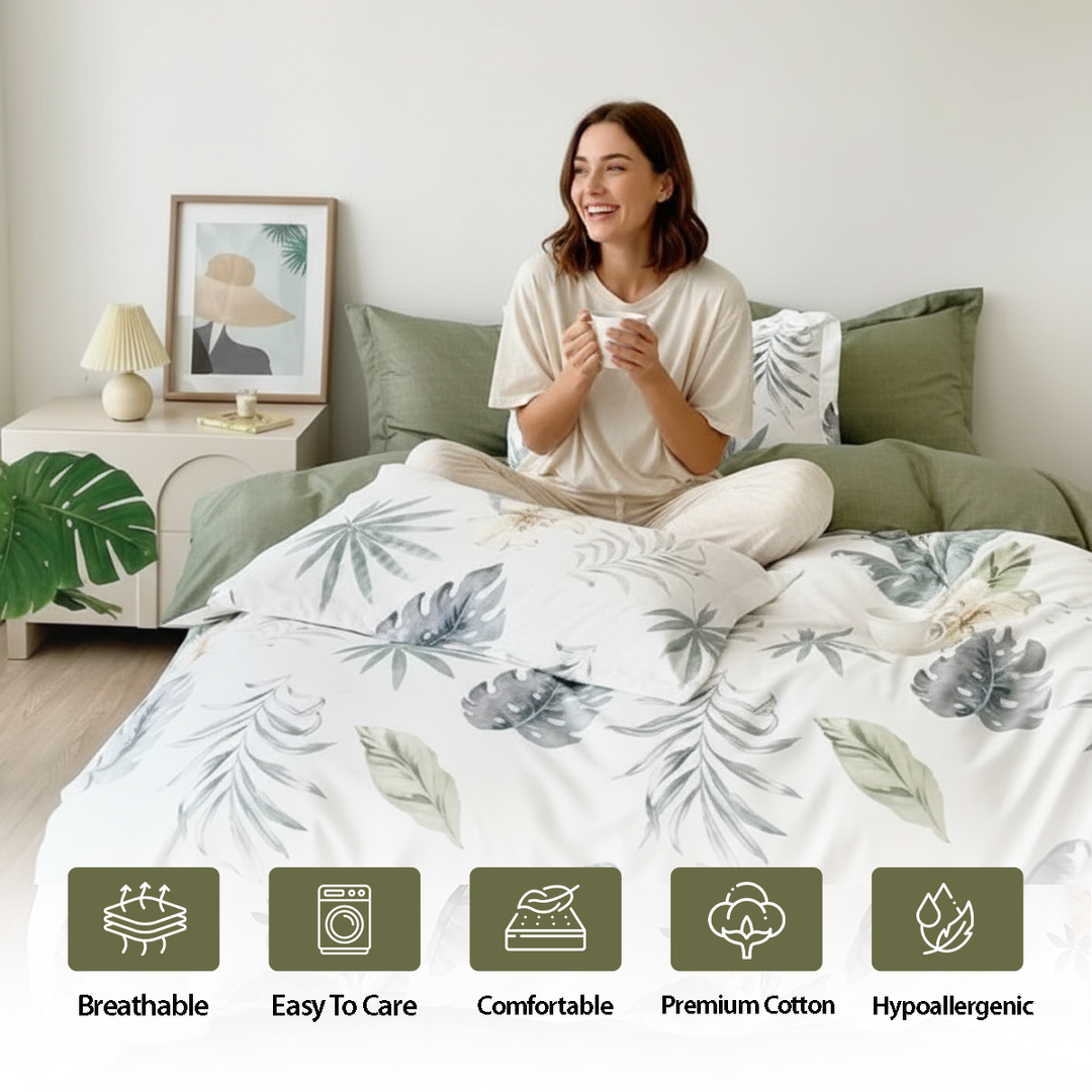 Botanical patterned bedding arranged with matching pillows on bed