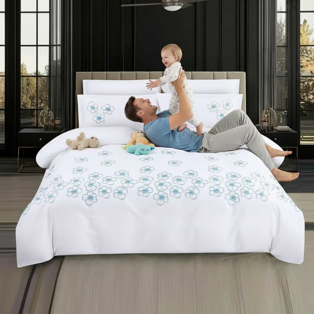 Floral king size bedding set with blue embroidery design