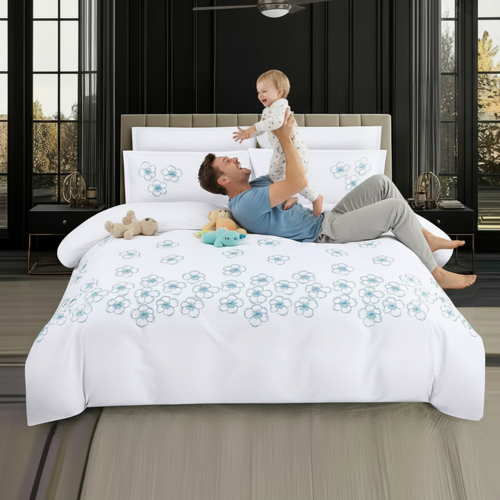 Floral king size bedding set with blue embroidery design