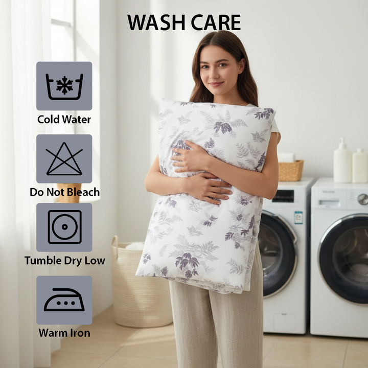 Neutral bedroom styled with leaf patterned bedding and dark headboard
