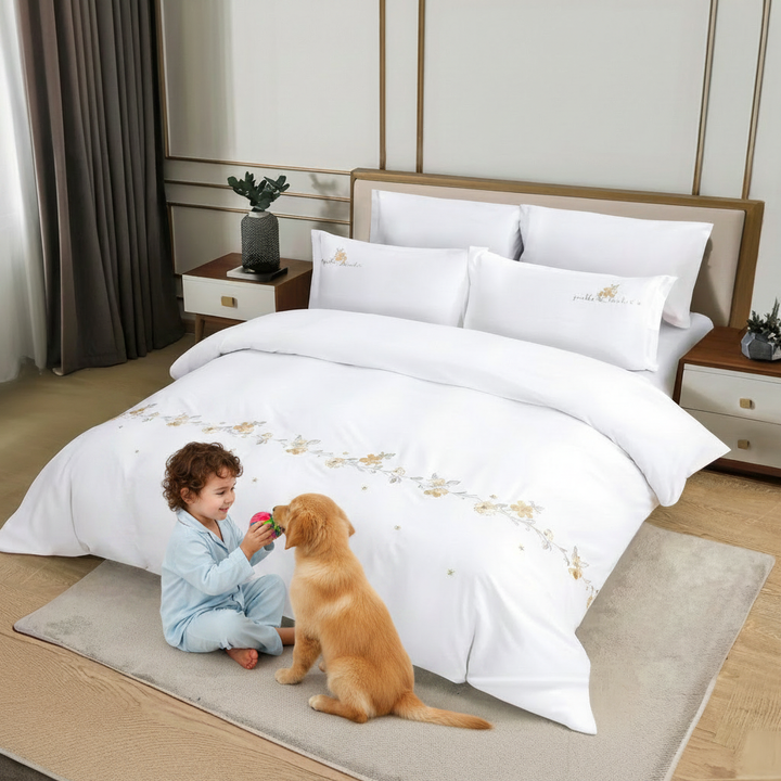 Elegant white duvet set with minimal embroidery design