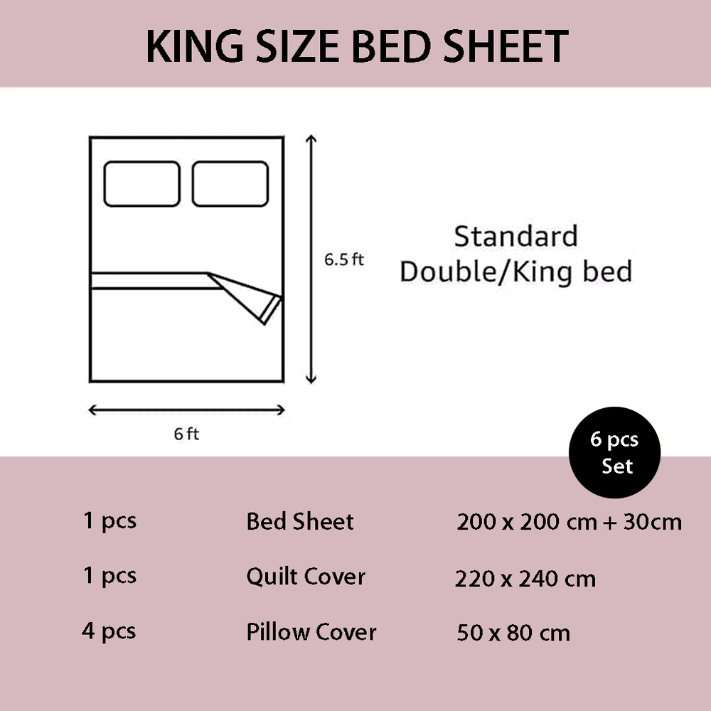 King size bed sheet set dimensions and components on a pink background