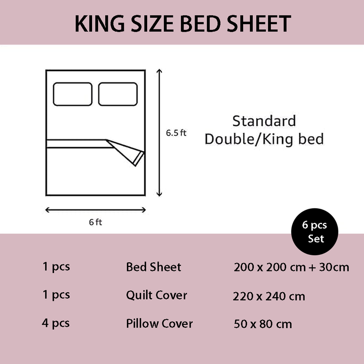 King size bed sheet set dimensions and components on a pink background