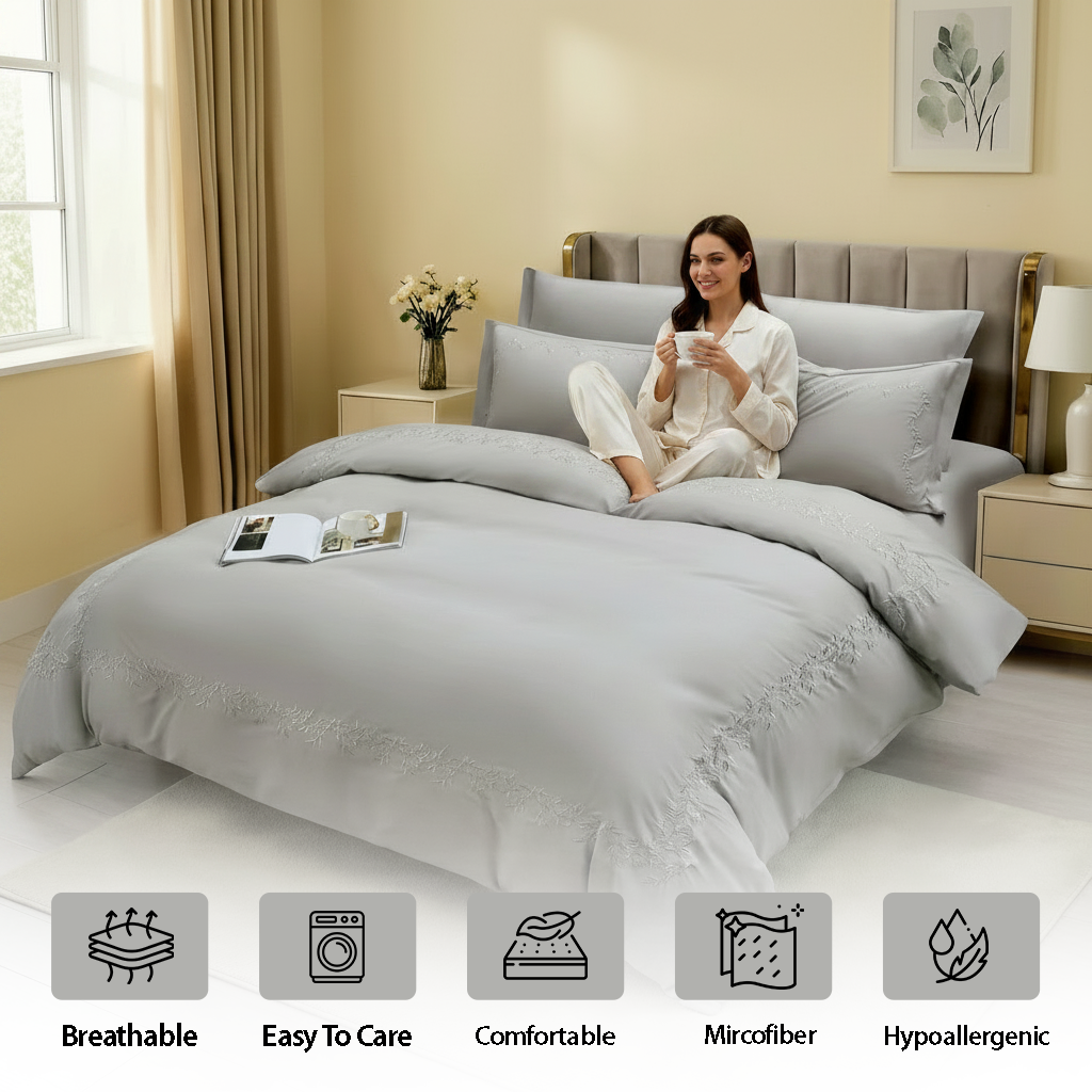 Modern bedroom with plain grey bedsheet and duvet cover