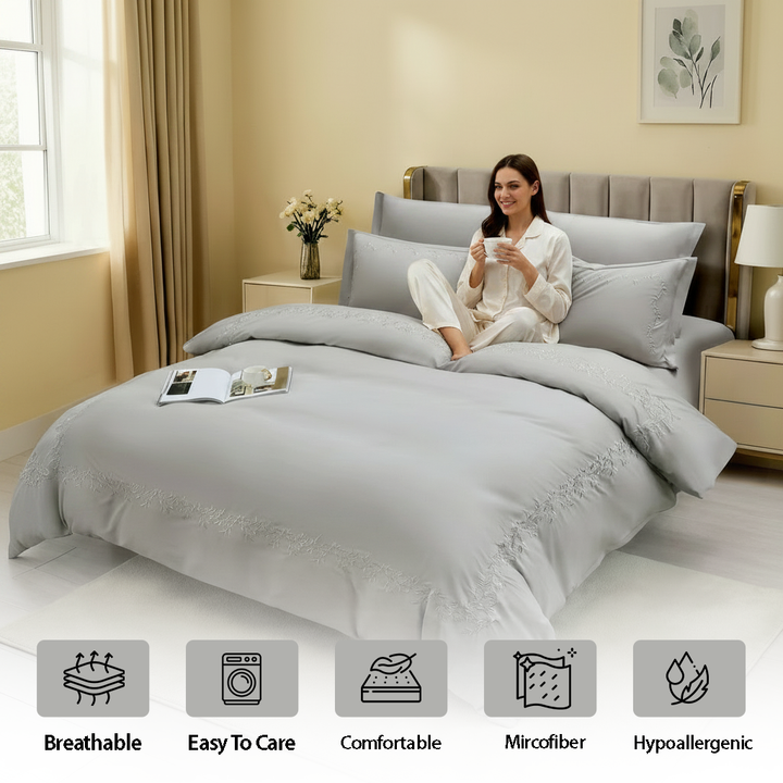 Modern bedroom with plain grey bedsheet and duvet cover
