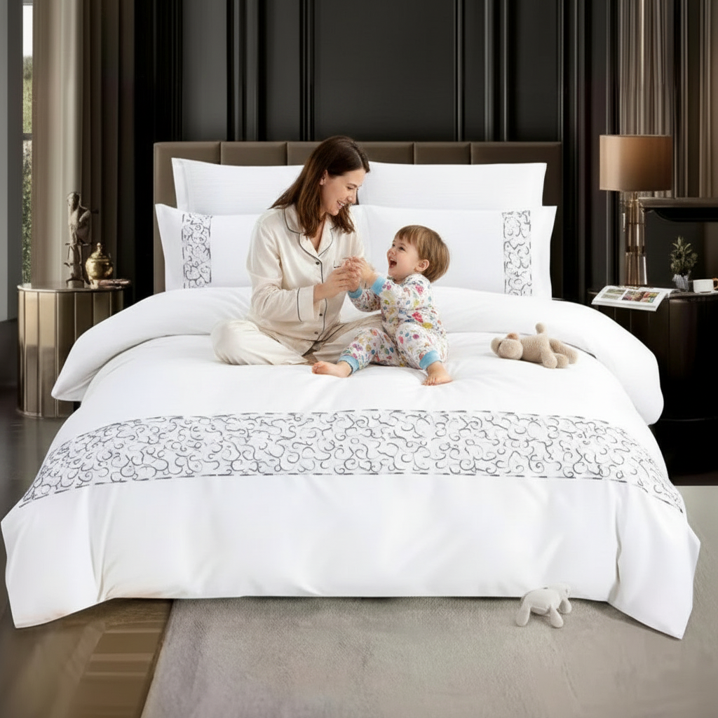 Luxury king bed set in white with minimal embroidery in mooncee uae