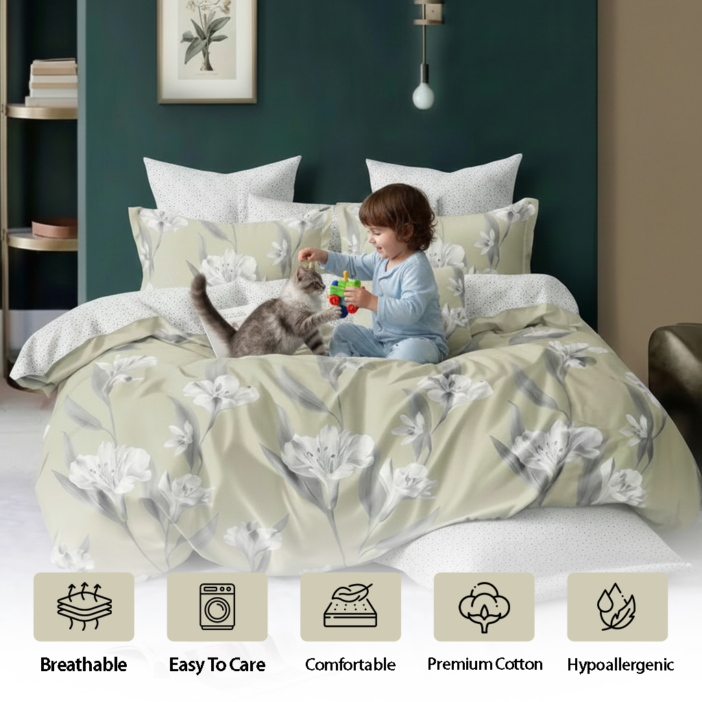 Nature inspired green bedding with floral pattern