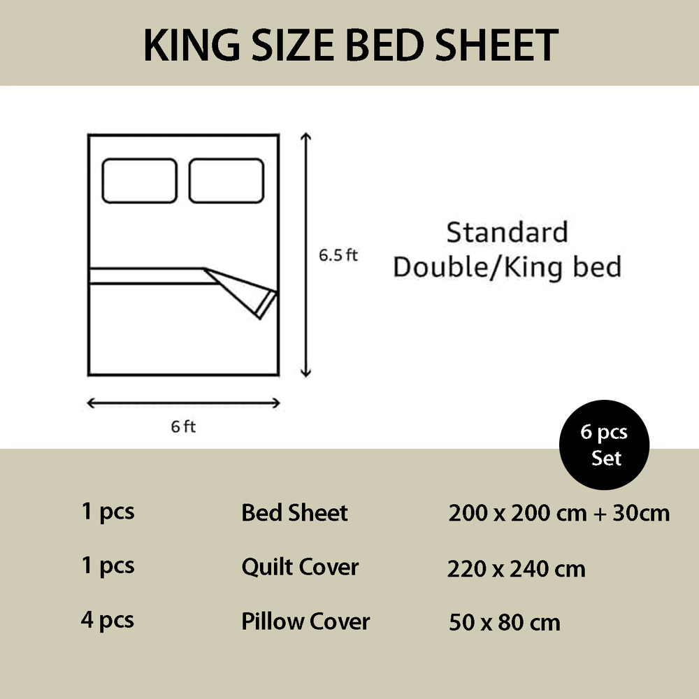King size bed sheet set dimensions and components on a beige mooncee uae