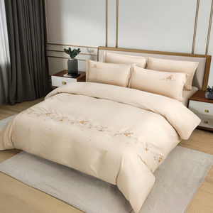Beige king bedding set with soft embroidered detailing