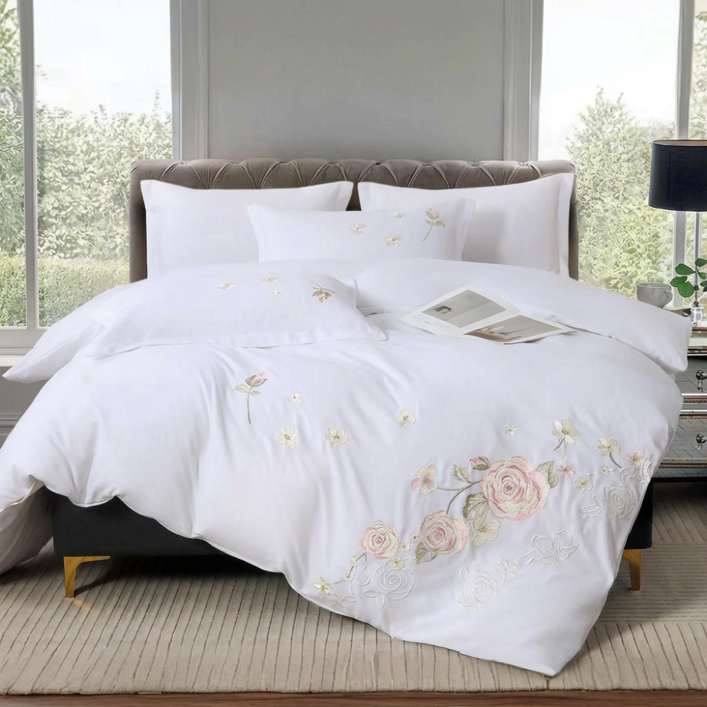 White king size bedding set with pink floral embroidery