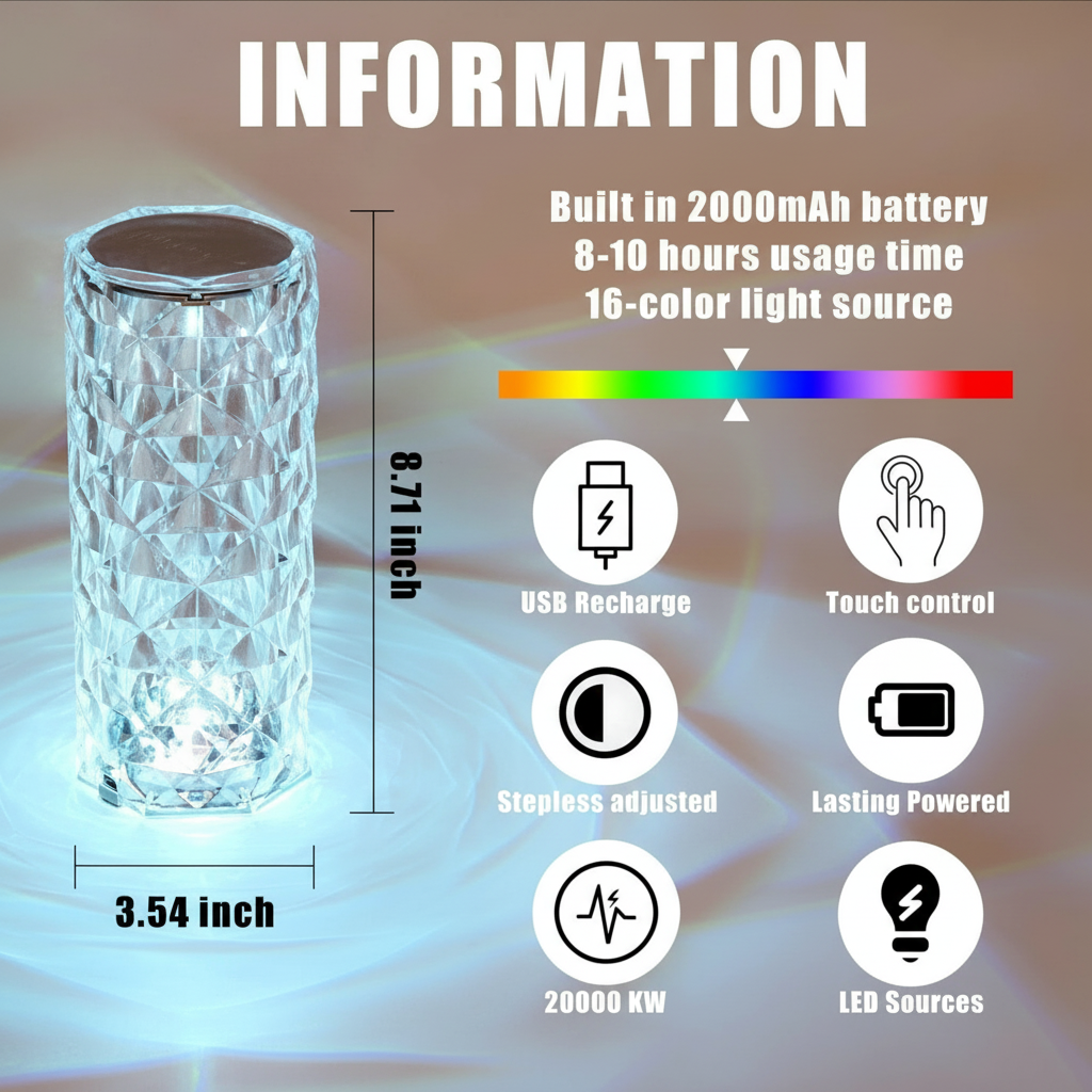 Decorative crystal lamp with remote control and multicolor lighting